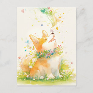 Carte Postale Jeune Corgi avec Collier de Fleurs et Papillons