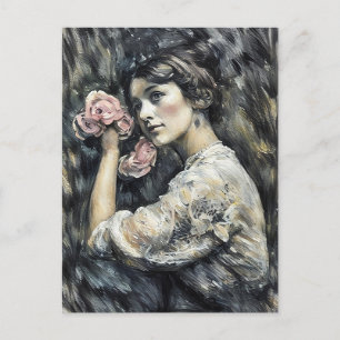 Carte Postale Jeune femme avec fleurs pastel peinture artistique