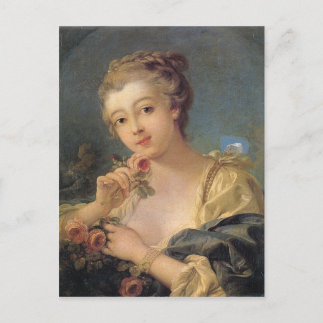 Carte Postale Jeune femme avec un bouquet des roses (Devant)