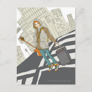 Carte Postale Jeune femme debout dans la rue avec bagages