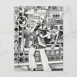 Carte Postale Jeune femme des années 1970 en ville posant art de