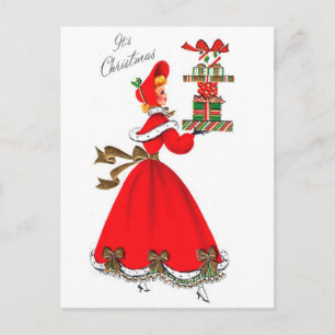 Carte Postale Jeune femme en robe rouge avec cadeaux de Noël