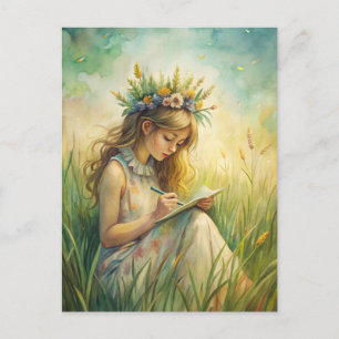 Carte Postale Jeune Fille Fleurs Sauvages Inspiré de la Nature 