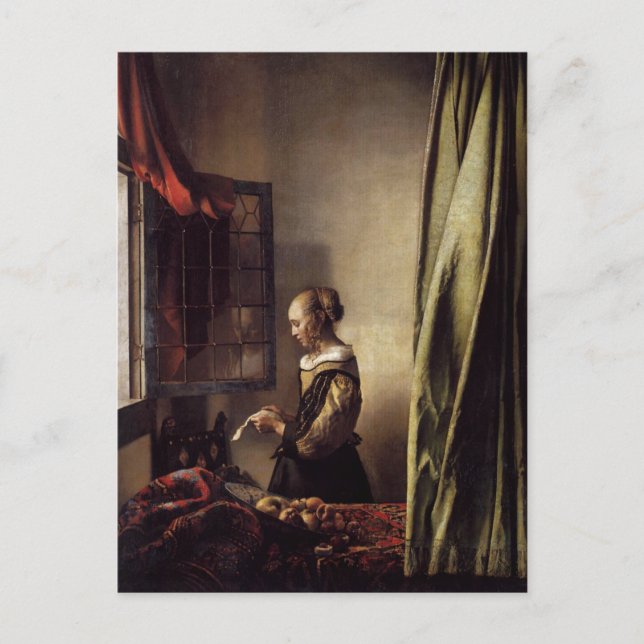 Carte Postale Jeune Fille lisant une lettre à la fenêtre ouverte (Devant)