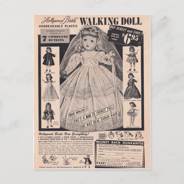 Carte Postale jeune mariée de marche de Hollywood de poupée des (Devant)