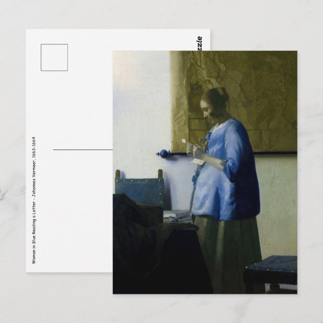 Carte Postale Johannes Vermeer - Une femme en bleu lisant une le (Devant / Derrière)