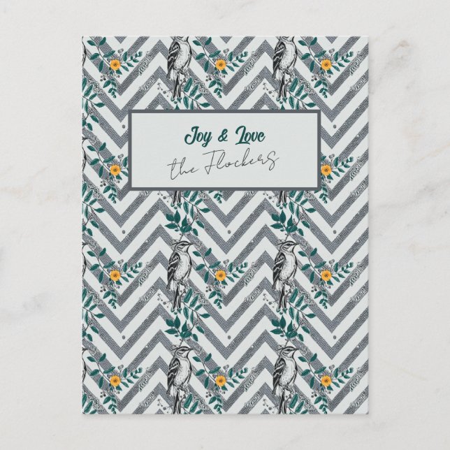 Carte Postale Joie & Amour - Zigzag Motif d'oiseaux et de fleurs (Devant)