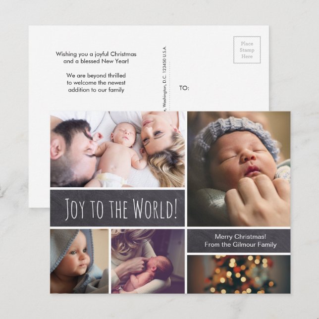 Carte Postale Joie au monde Noël faire-part de naissance bébé (Devant / Derrière)
