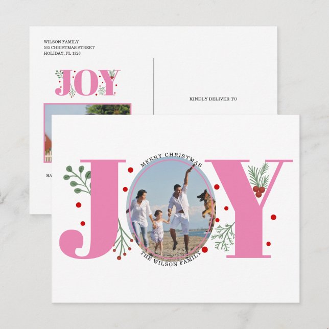 Carte Postale Joie rose avec baies photo de Noël (Devant / Derrière)