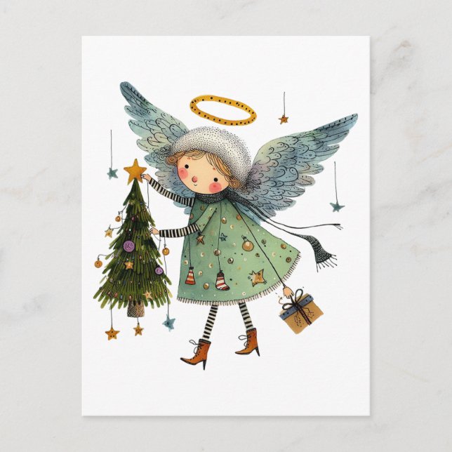 Carte Postale Joli ange avec sapin de Noël (Devant)