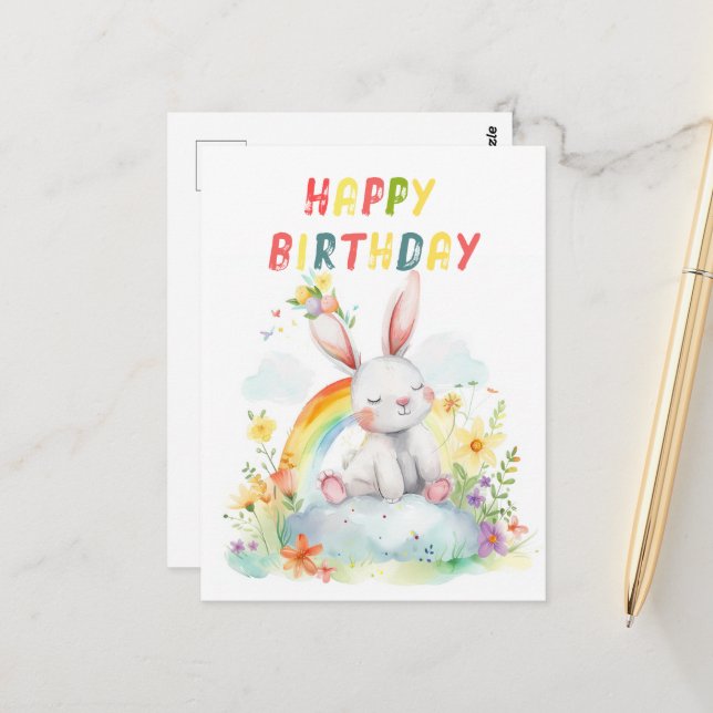 Carte Postale Joli Anniversaire à l'arc-en-ciel de Bunny mignon (Devant/Arrière en situation)