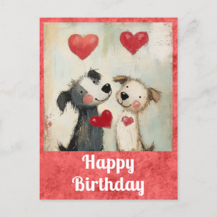 Carte Postale Joli Anniversaire Aquarelle Puppy Chien Coeur