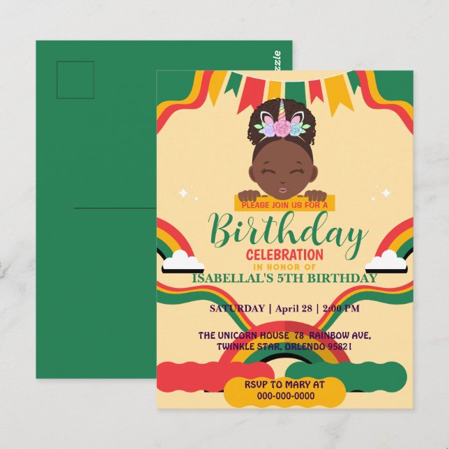 Carte Postale Joli anniversaire de licorne afro américaine avec  (Devant / Derrière)