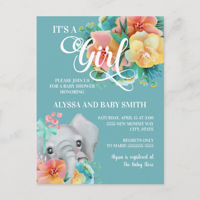 Carte Postale Joli Baby shower d'éléphant rose jaune Turquoise (Devant)