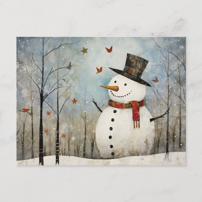 Carte Postale Joli bonhomme de neige fantaisiste avec un chapeau (Devant)