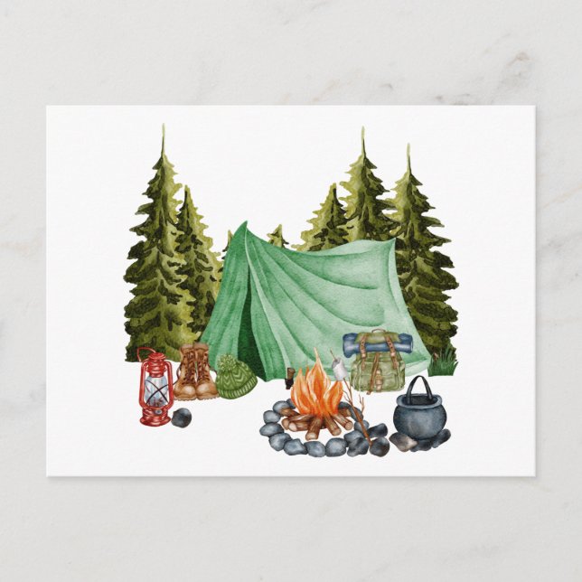 Carte Postale Joli Camping Thème Feu de Campement, Tente, Forêt (Devant)