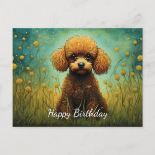 Carte Postale Joli Caniche Fleur Prairie Joyeux Anniversaire