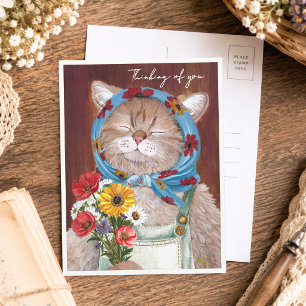 Carte Postale Joli Chat Cottagecore avec des Fleurs qui Pense à