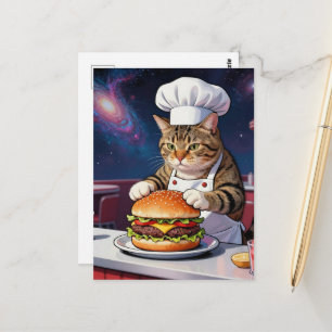 Carte Postale Joli Chat Cuisinier Préparant un Cheeseburger dans
