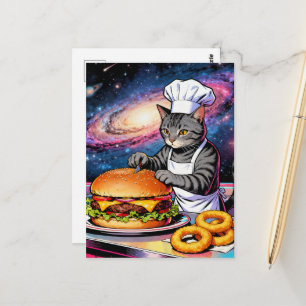 Carte Postale Joli Chat Cuisinier Préparant un Cheeseburger et d