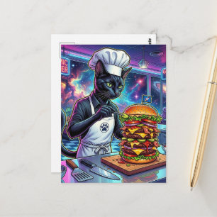 Carte Postale Joli Chat Cuisinier Réalisant un Burger Géant