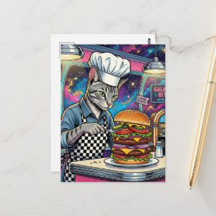 Carte Postale Joli Chat Cuisinier Réalisant un Cheeseburger dans