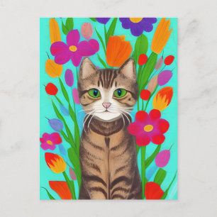 Carte Postale Joli chat gris avec des fleurs colorées