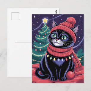 Carte Postale Joli chat noir Kitty Noël hiver vacances