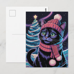 Carte Postale Joli chat noir Kitty Noël Vacances d'hiver