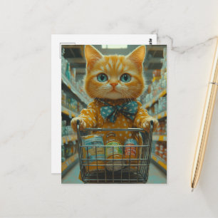 Carte Postale Joli Chat Roux Faisant des Courses