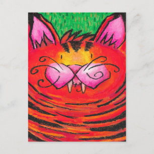 Carte Postale Joli chat tigre heureux au pastel à l'huile sur fo