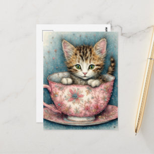 Carte Postale Joli chaton dans une tasse à thé