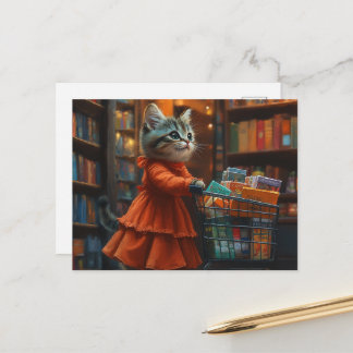 Carte Postale Joli Chaton en Robe Orange Faisant des Courses