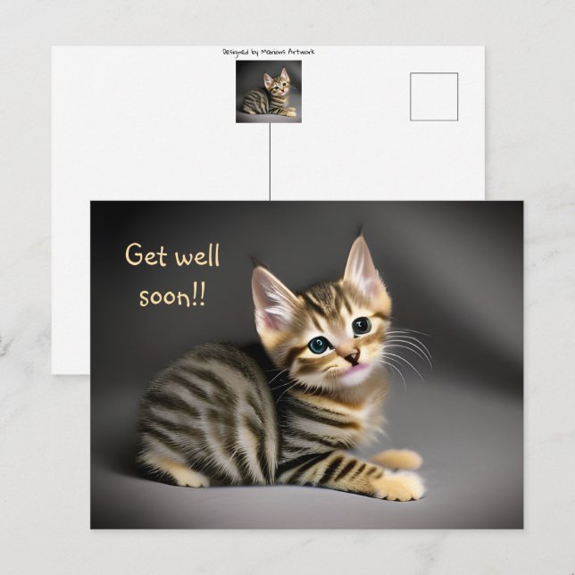 Carte Postale Joli chaton tabby mignon bébé "remets-toi vite"  (Devant / Derrière)