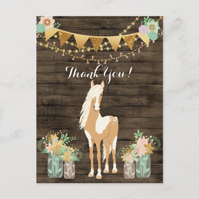 Carte Postale Joli cheval et Merci en bois rustique de fleurs (Devant)