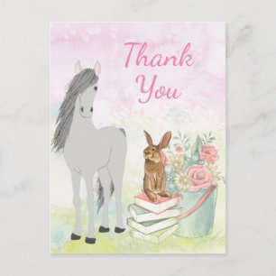 Carte Postale Joli cheval, lapin, fleurs et livres Merci