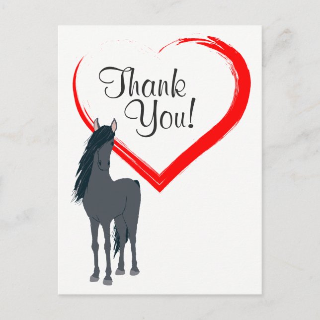 Carte Postale Joli cheval noir et Merci de coeur rouge (Devant)