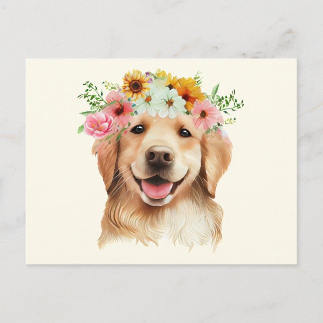 Carte Postale Joli chien d'or retriever avec des fleurs (Devant)