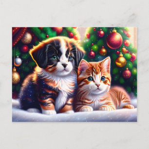 Carte Postale Joli chiot et chat sous l'arbre de Noël