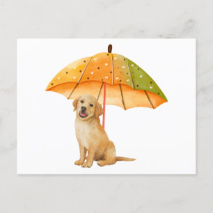 Carte Postale Joli chiot sous un parapluie de couleurs d'automne
