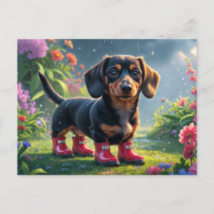 Carte Postale Joli chiot teckel portant des bottes de pluie