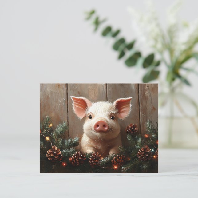 Carte Postale Joli Cochon de Noël Peinture rustique (Debout devant)