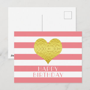 Carte Postale Joli cœur doré rose et blanc Joyeux Anniversaire 