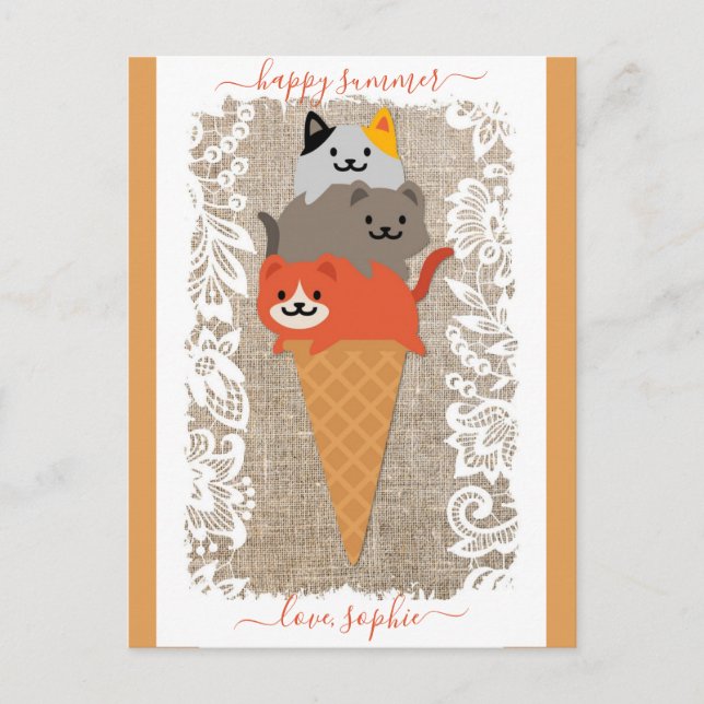 Carte Postale Joli Cône de crème glacée de chats chats en été (Devant)