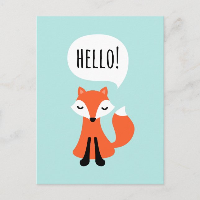 Carte Postale Joli dessin animé renard sur un arrière - plan ble (Devant)