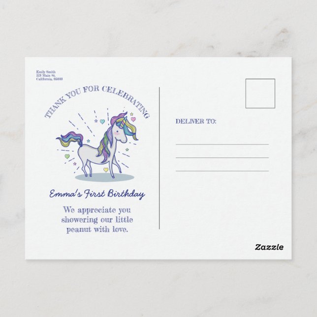 Carte Postale Joli dessin d'anniversaire licorne arc-en-ciel Mer (Dos)