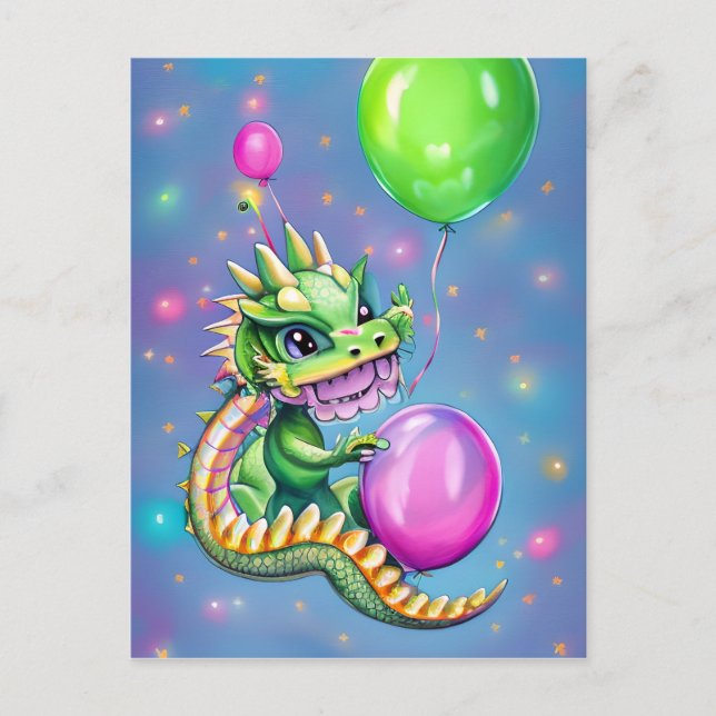 Carte Postale Joli dragon d'anniversaire avec ballons (Devant)
