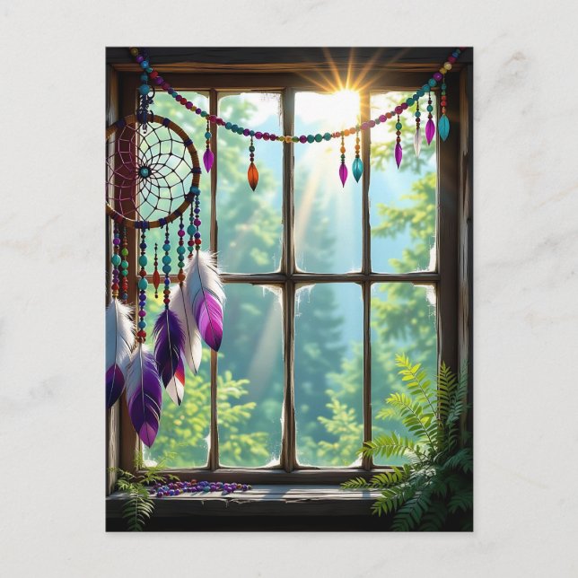 Carte Postale Joli Dreamcatcher violet dans la fenêtre (Devant)