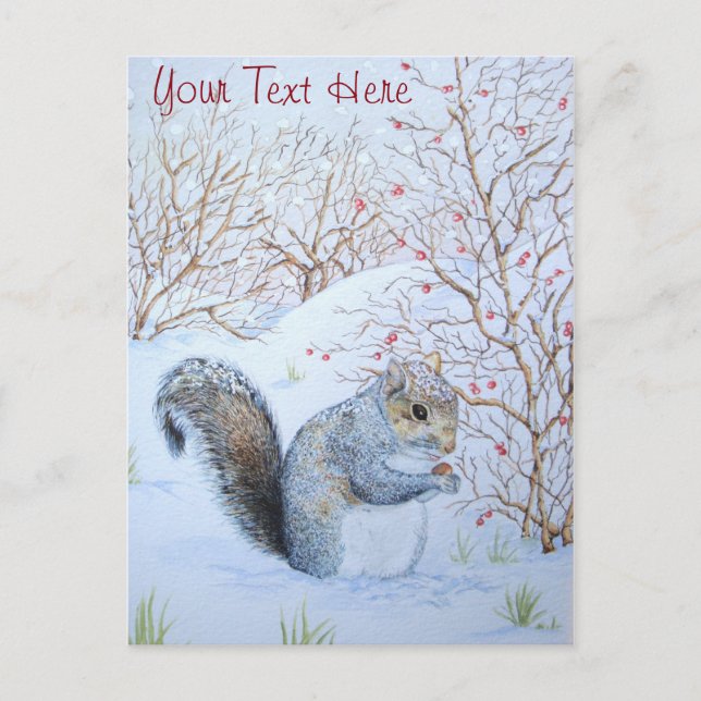 Carte Postale joli écureuil gris scène de neige art animalier (Devant)