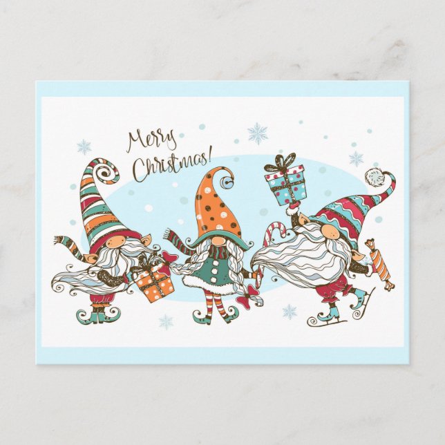 Carte Postale Joli Elfes de Noël Gnomes Aquarelle Amusante (Devant)